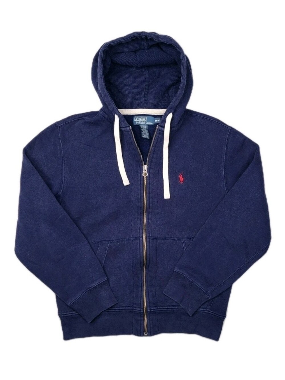 Vintage Polo Ralph Lauren Navy Blue Thermal Pony Hoodie Medium Y2K Heavyweight
